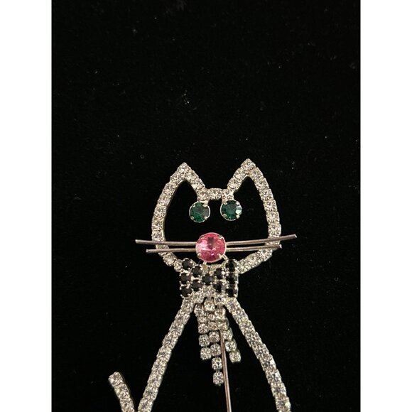 Vintage Sparkling Rhinestone Large Cat Bowtie Brooch Pin - Picture 2 of 6